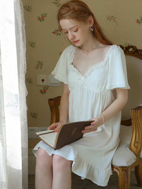 Simple Lace Cotton Square Neck Nightdress