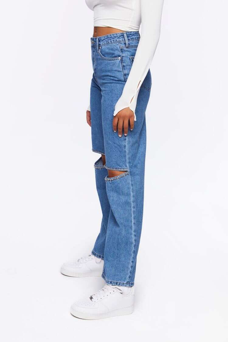 Women Apparel | Rhinestone Split-Knee 90s-Fit Jeans Light Denim Blue Forever21 - KE97553