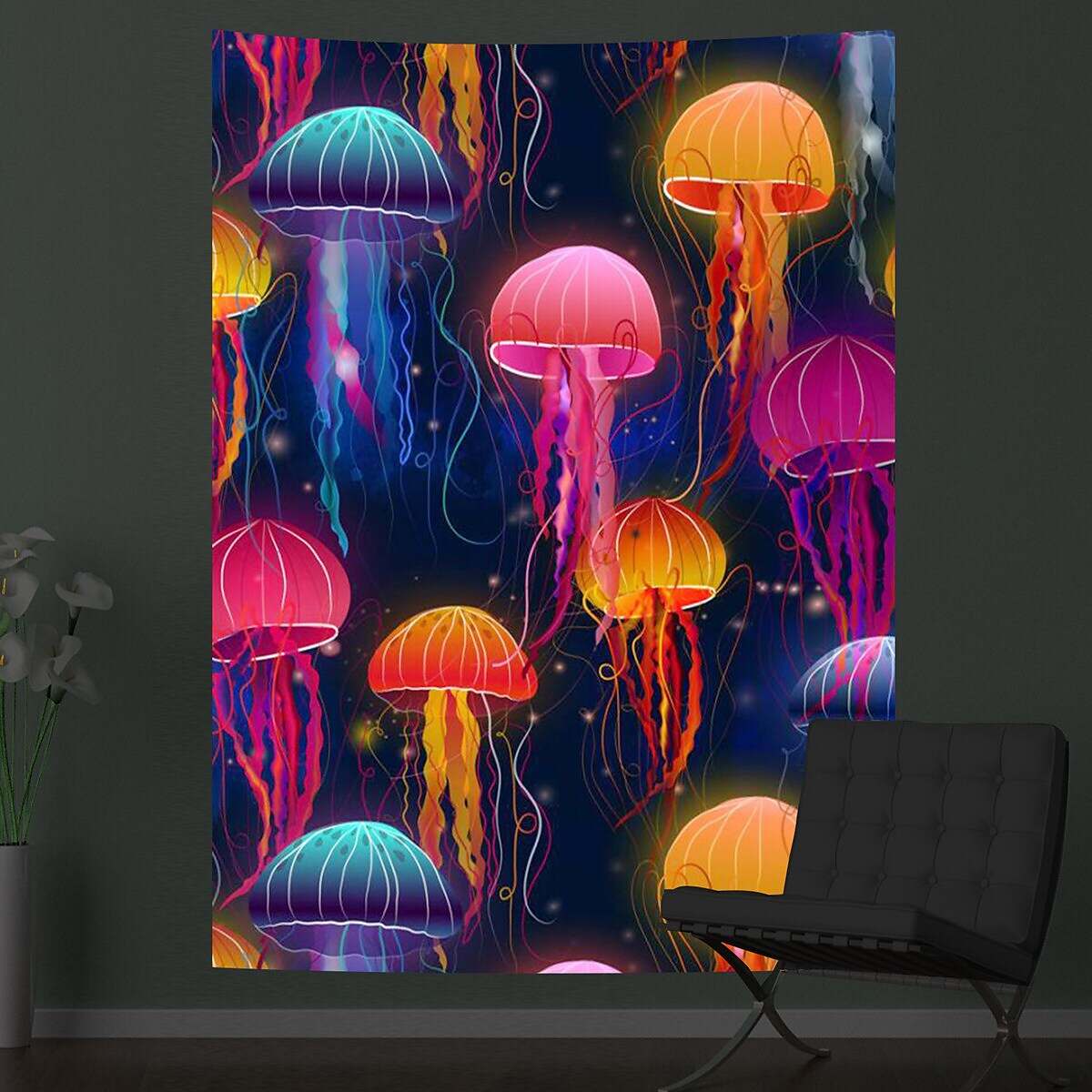 Black UV Light Jellyfish Psychedelic Tapestry