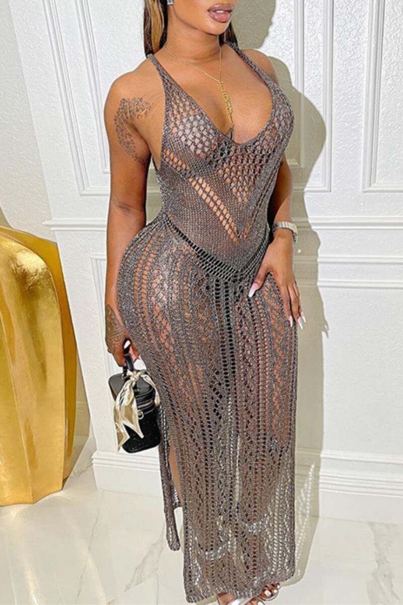 Grey Sexy Solid Hollowed Out See-through Slit Spaghetti Strap Long Dress Dresses