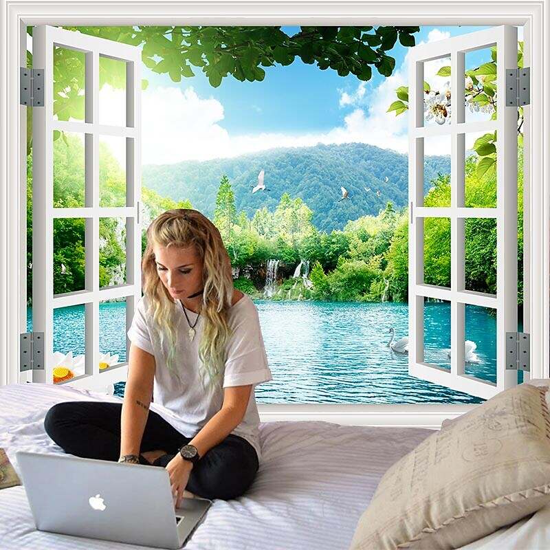 Window Landscape Wall Tapestry Art Decor Lake Rive Forest Mountain