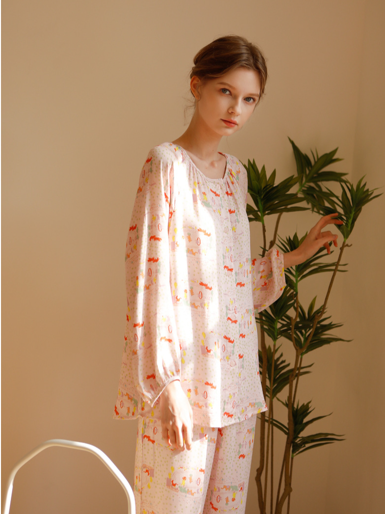 Loose Simple Crew Neck Long Sleeve Pajama Set