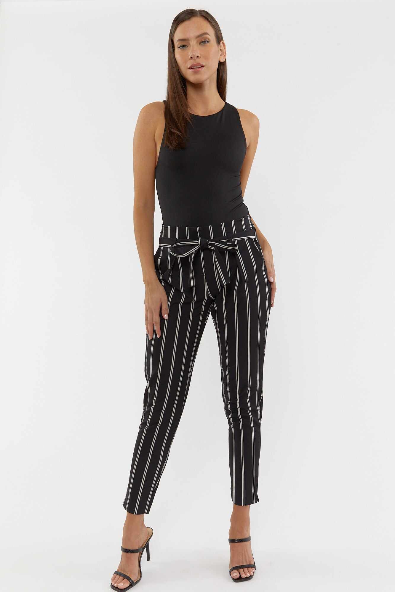 Women Apparel | Paperbag Striped Pants Black with White Forever21 - RL21728