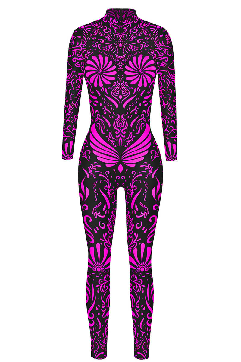 Purple Sexy Print Patchwork Zipper O Neck Skinny Jumpsuits