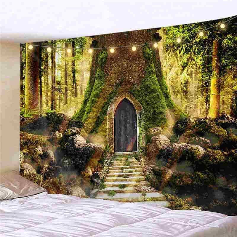 Landscape LED Lights Wall Tapestry Art Decor Forest Tree Print