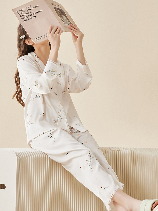 Casual Loose Regular Sleeve Floral Long Sleeve Pajama Set