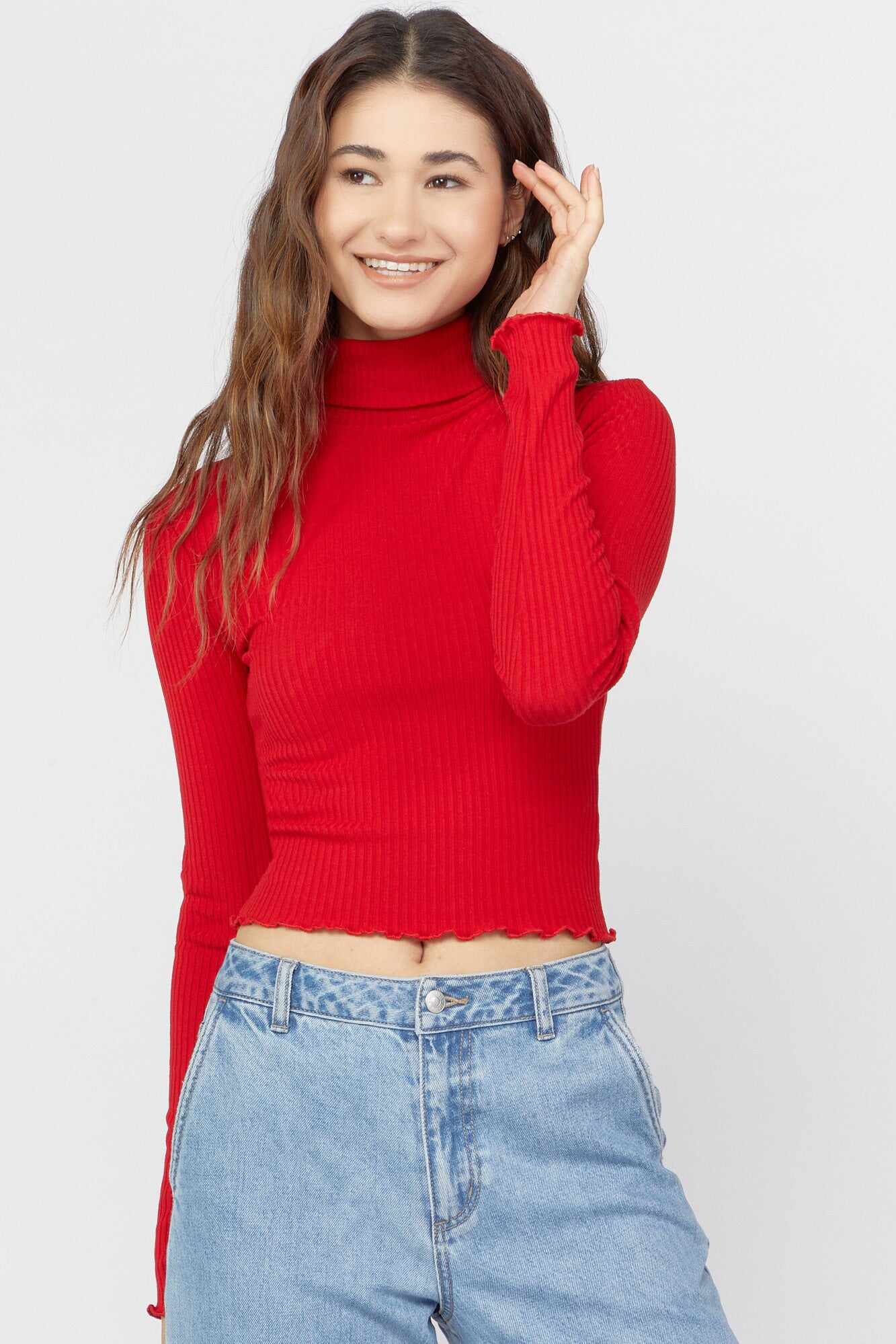 Women Apparel | Turtleneck Lettuce-Edge Crop Top Cream Forever21 - HP50492