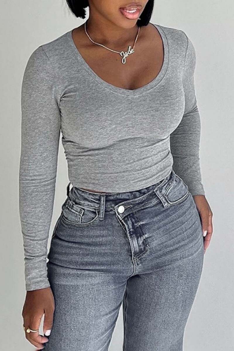 Black Casual Solid Basic V Neck Tops