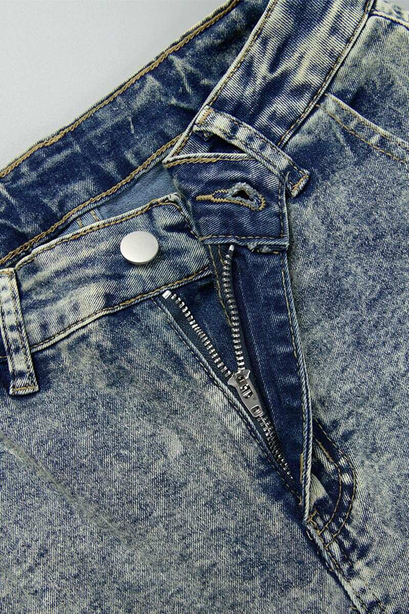 The cowboy blue Casual Street Solid Make Old Patchwork Pocket Buttons Zipper Mid Waist Straight Denim Jeans