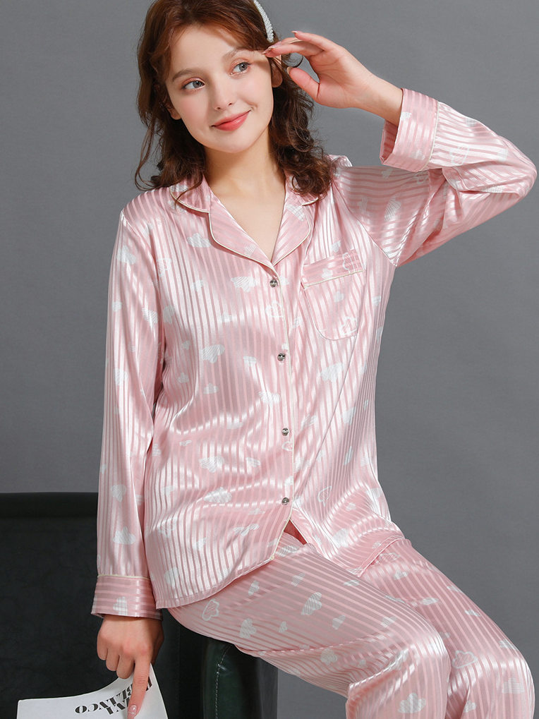 Elegant Regular Fit V Neck Long Sleeve Pajama Set