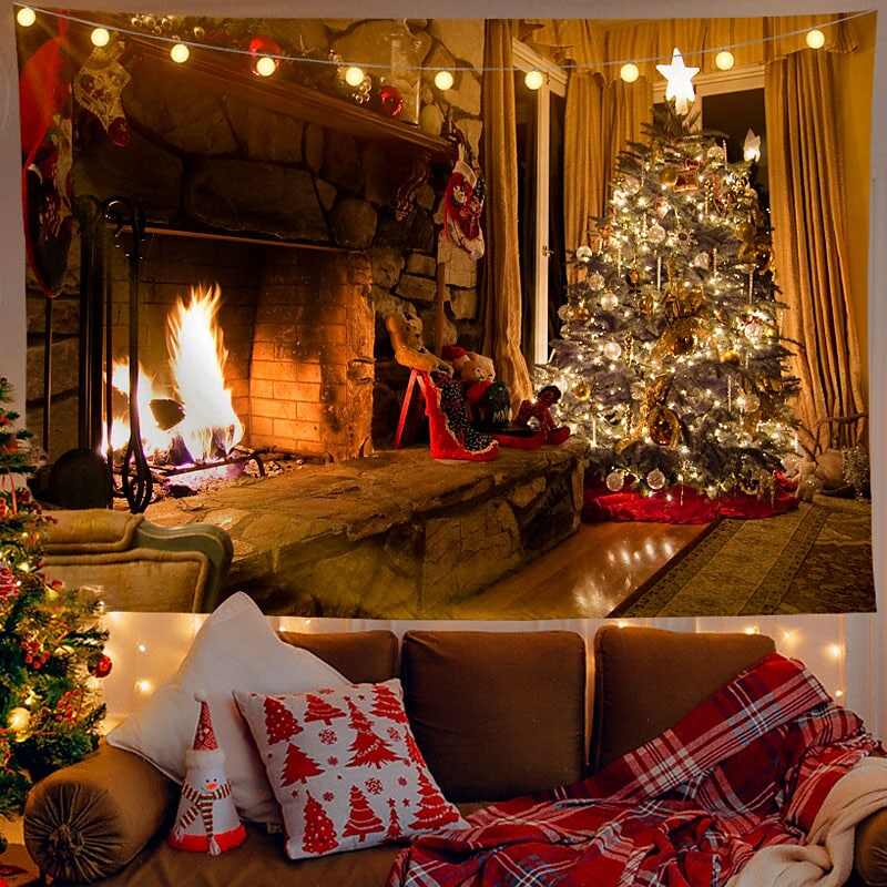 Christmas Decor LED Lights Wall Tapestry Fireplace Christmas Tree Print