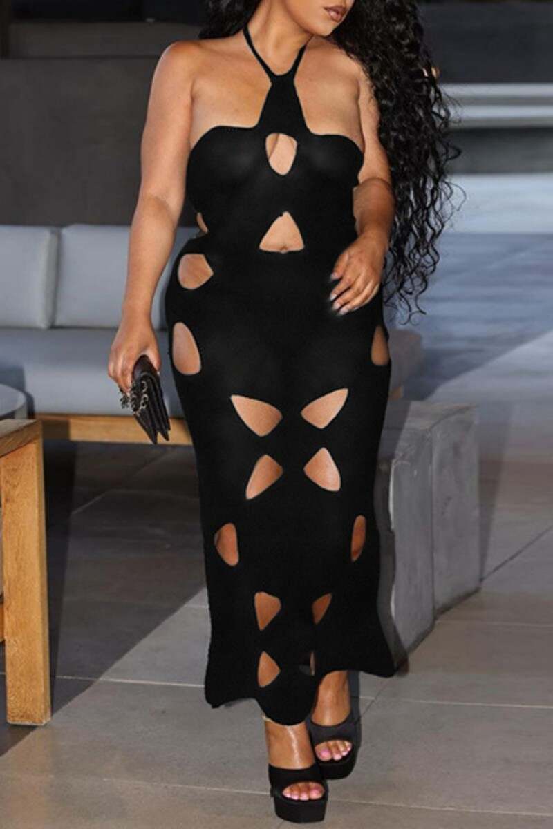 Black Sexy Solid Hollowed Out Backless Halter Long Dress Dresses