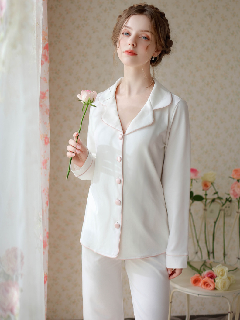 Cotton Elegant V Neck Plain  Long Sleeve Pajama Set