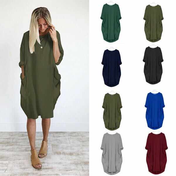 2021 Casual Loose Pocket Long Sleeve Dress