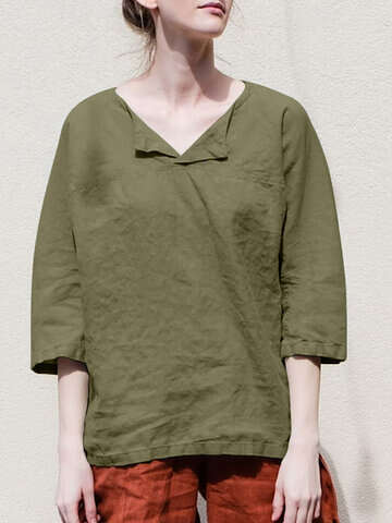 Women Blouses & Shirts | Solid 3/4 Sleeve Loose V-neck Casual Women Blouse - PI14885