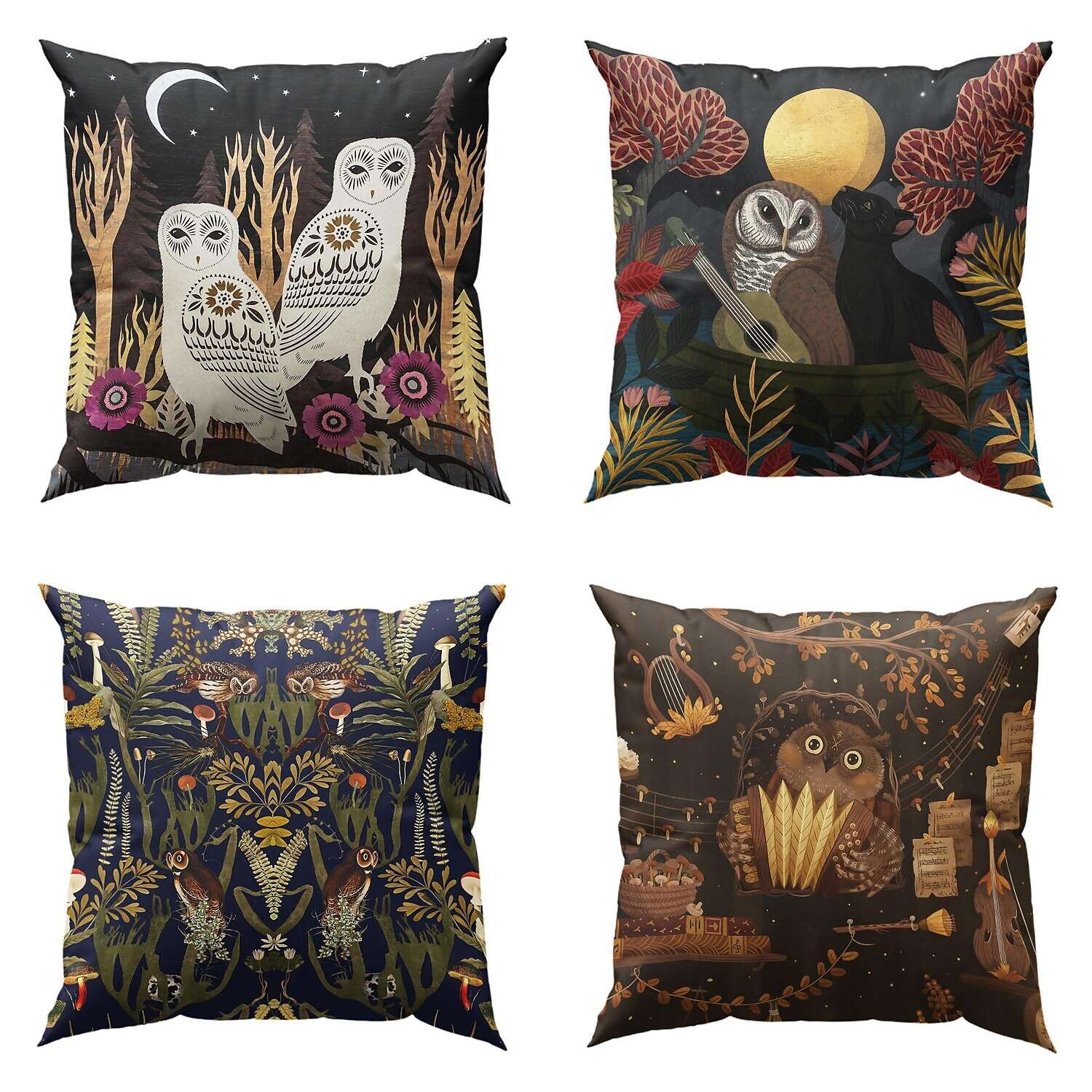 William Morris Owl Floral Plant Double Side Pillow Cover 4PC