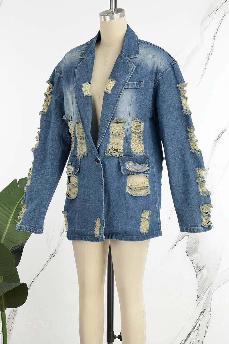 Blue Casual Solid Ripped Cardigan Turndown Collar Long Sleeve Regular Denim Jacket