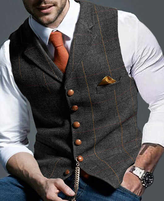 Men Lapel Collar Plaid Buttoned Waistcoat