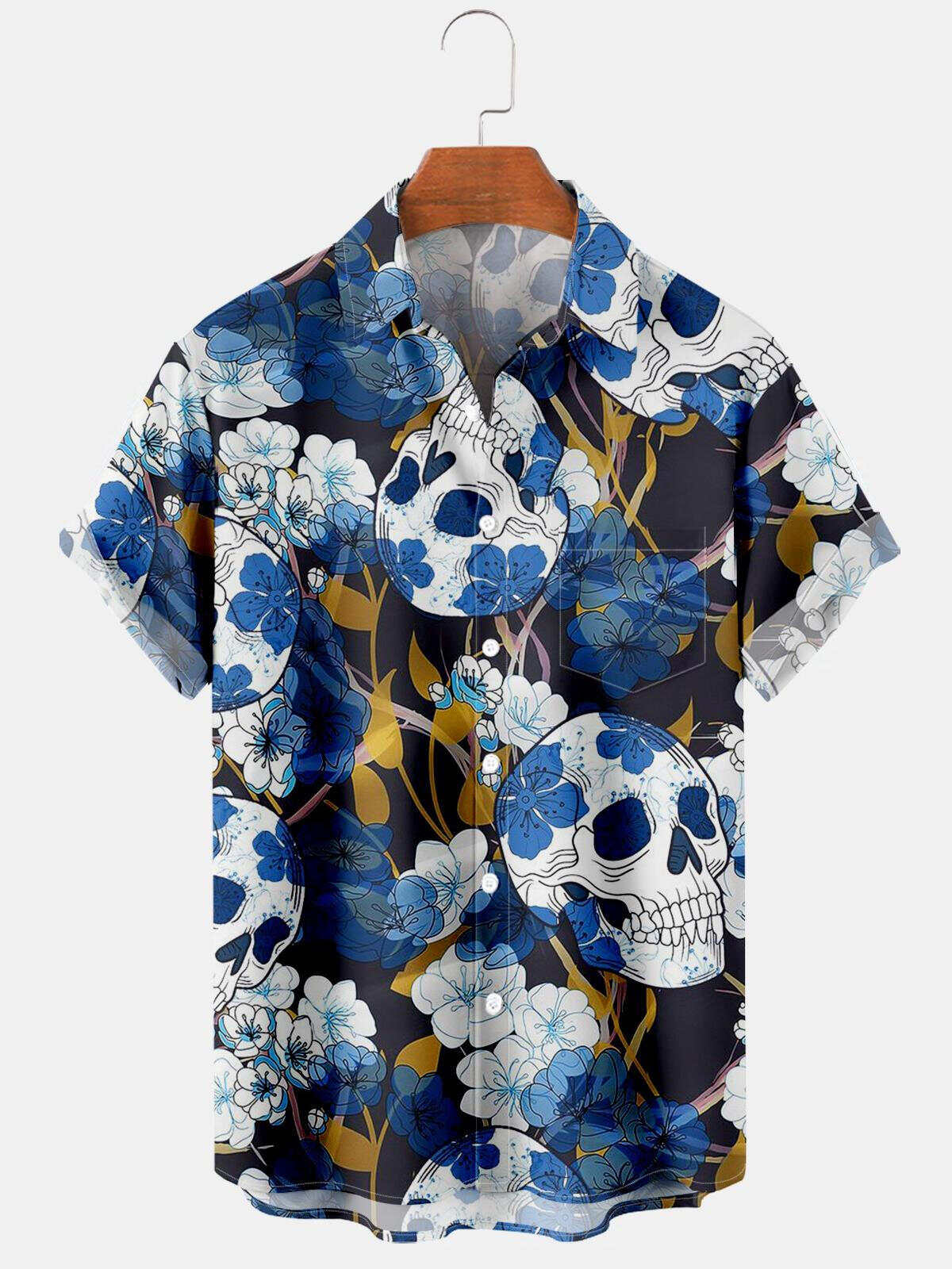 Skull Floral Print Men's Shirts With Pocket