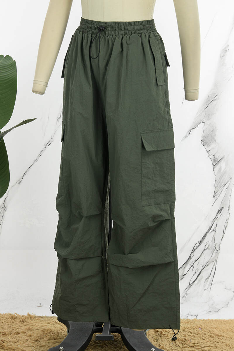 Army Green Street Solid Patchwork Draw String Pocket Straight Low Waist Straight Solid Color Bottoms