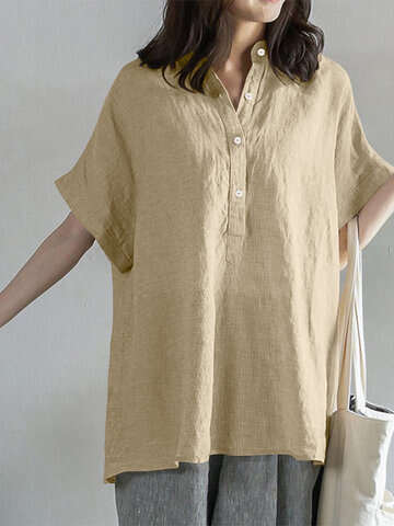 Women Blouses & Shirts | Solid Button Stand Collar Short Sleeve Loose Casual Blouse - CA67352
