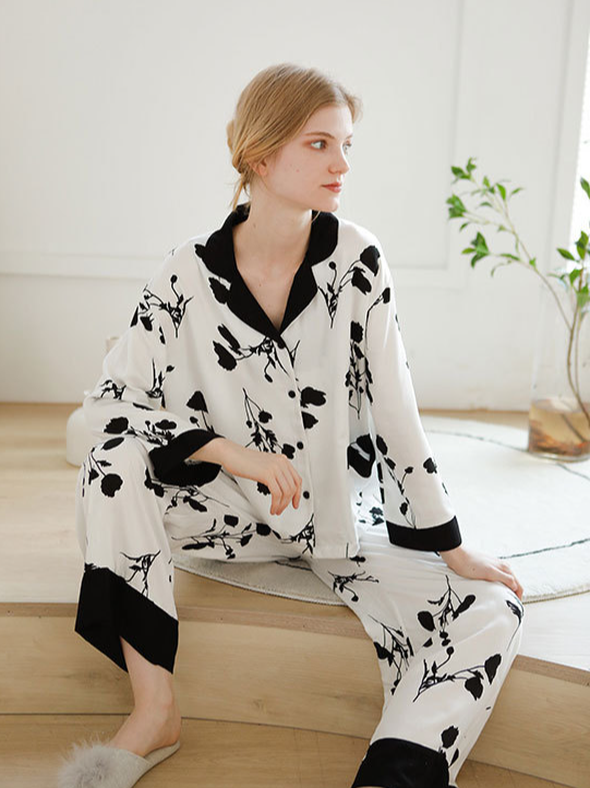 Loose Casual Floral Pattern V Neck Long Sleeve Pajama Set