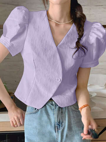 Women Blouses & Shirts | Puff Sleeve V-neck Solid Textured Blouse For Women - GG98656