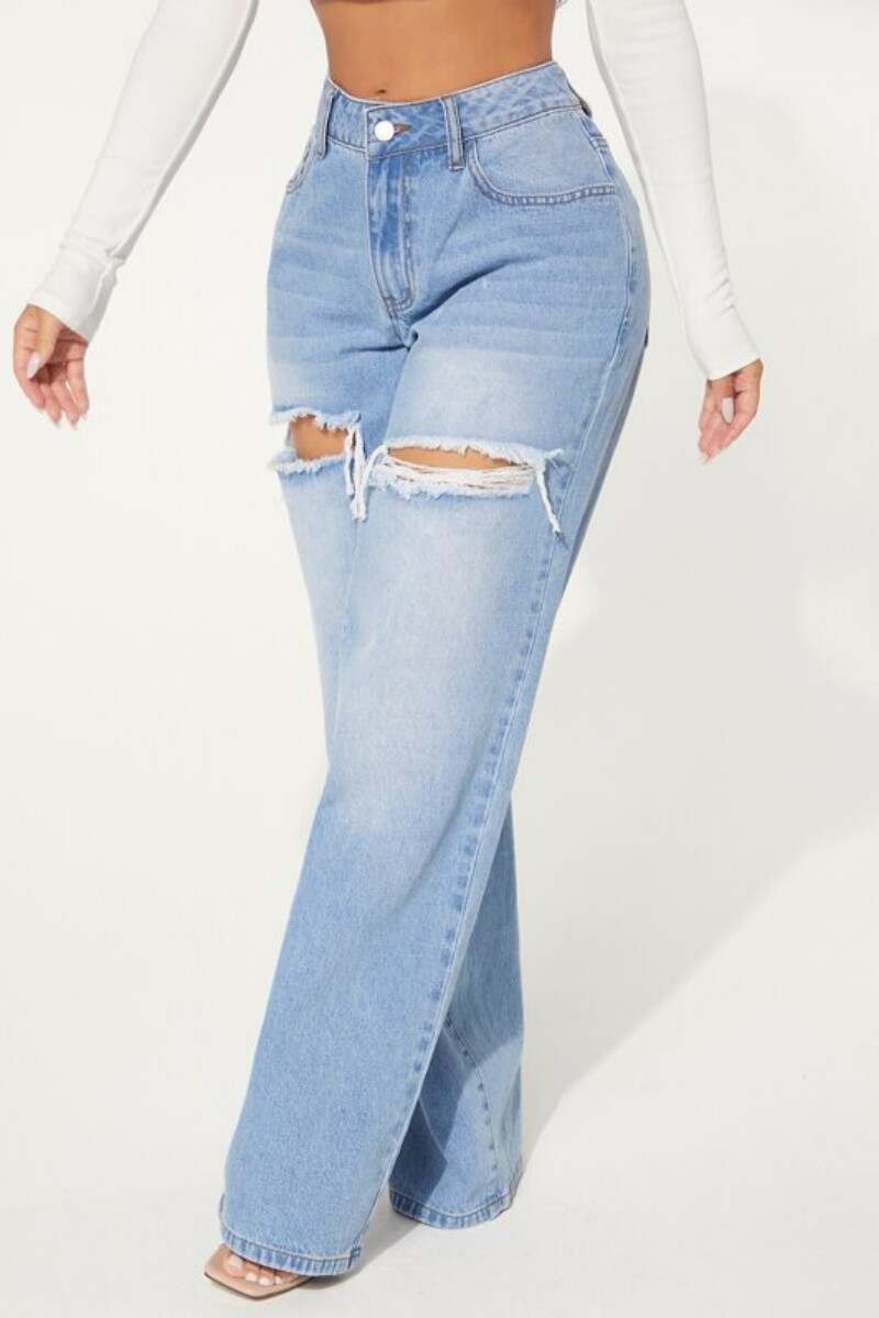 Baby Blue Casual Solid Ripped High Waist Straight Denim Jeans (Subject To The Actual Object)