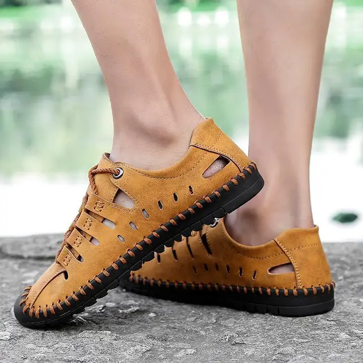 Men's Breathable Leather Large Size Stitching Hollow Out Water Shoes