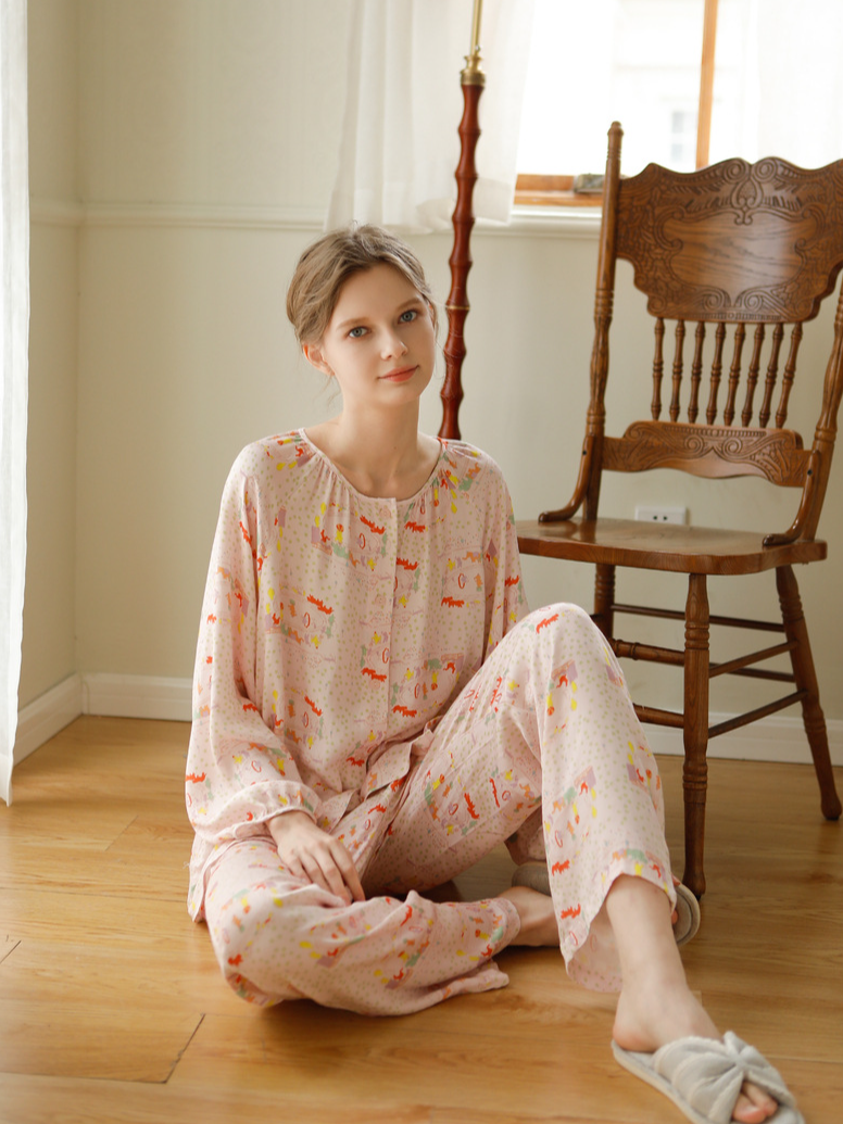 Loose Simple Crew Neck Long Sleeve Pajama Set