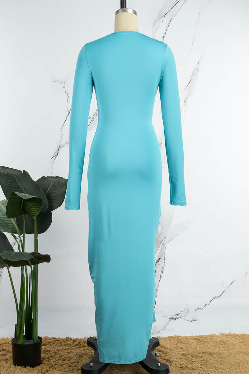 Blue Casual Solid Fold O Neck Long Sleeve Dresses