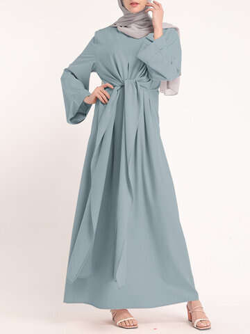 Women Casual Dresses | Solid Color Knotted Long Sleeve Maxi Muslim Dress - QV85996