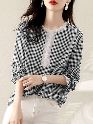 Women Blouses & Shirts | Check Print Long Sleeve Crew Neck Panel Blouse - HR85805