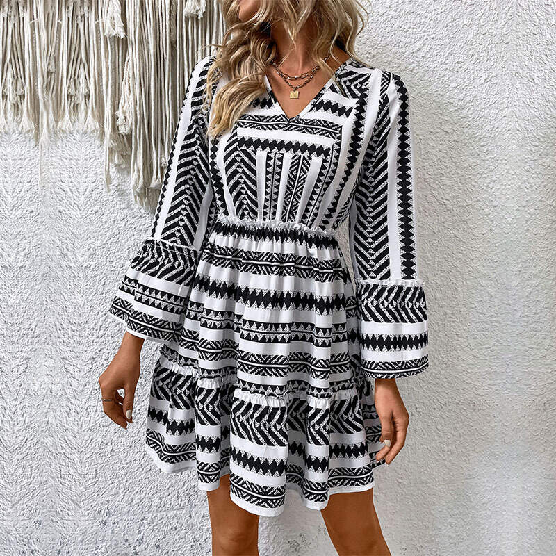 Resort-inspired long-sleeved printed dress