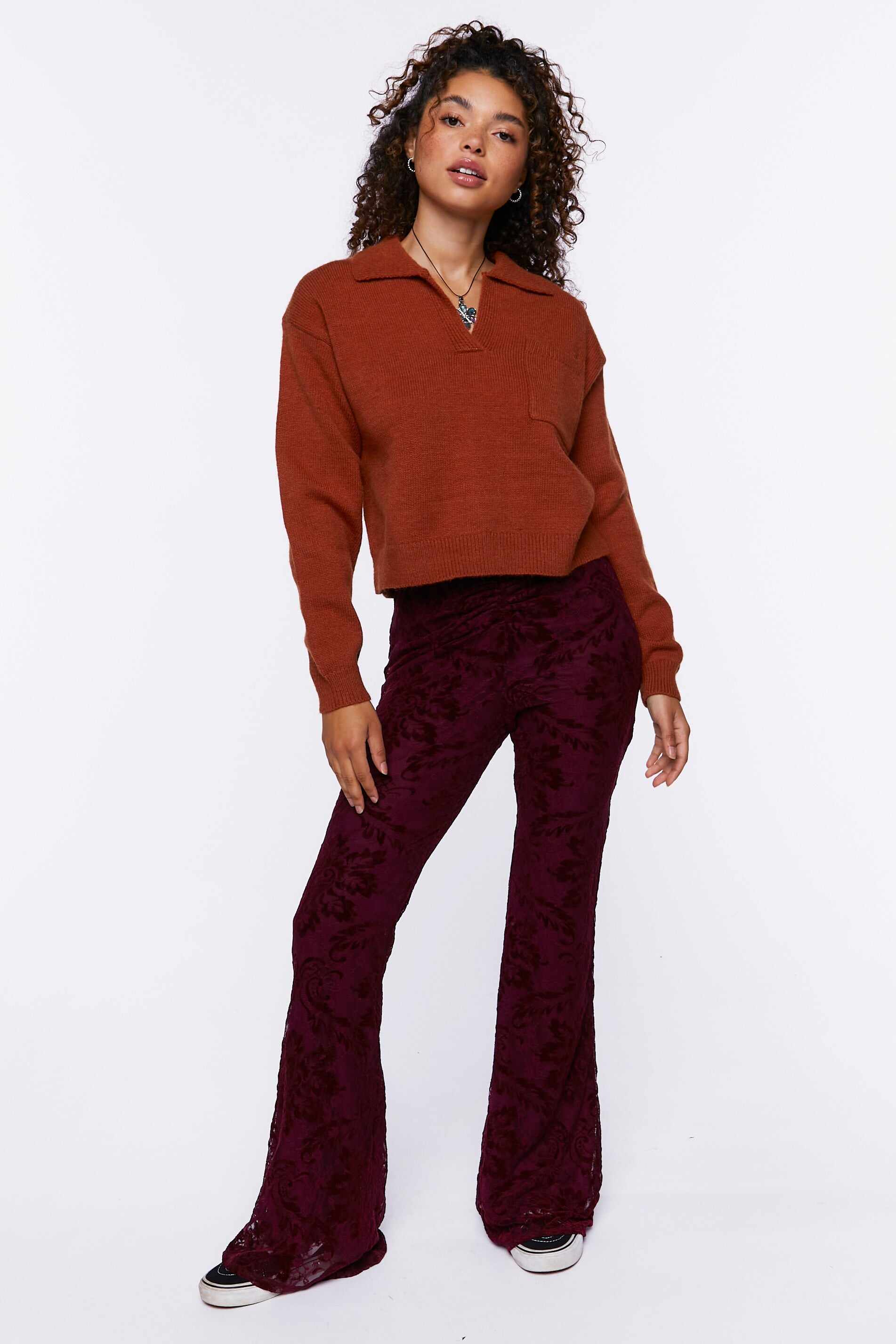 Women Apparel | Split-Neck Collared Sweater Rust Forever21 - PK25801