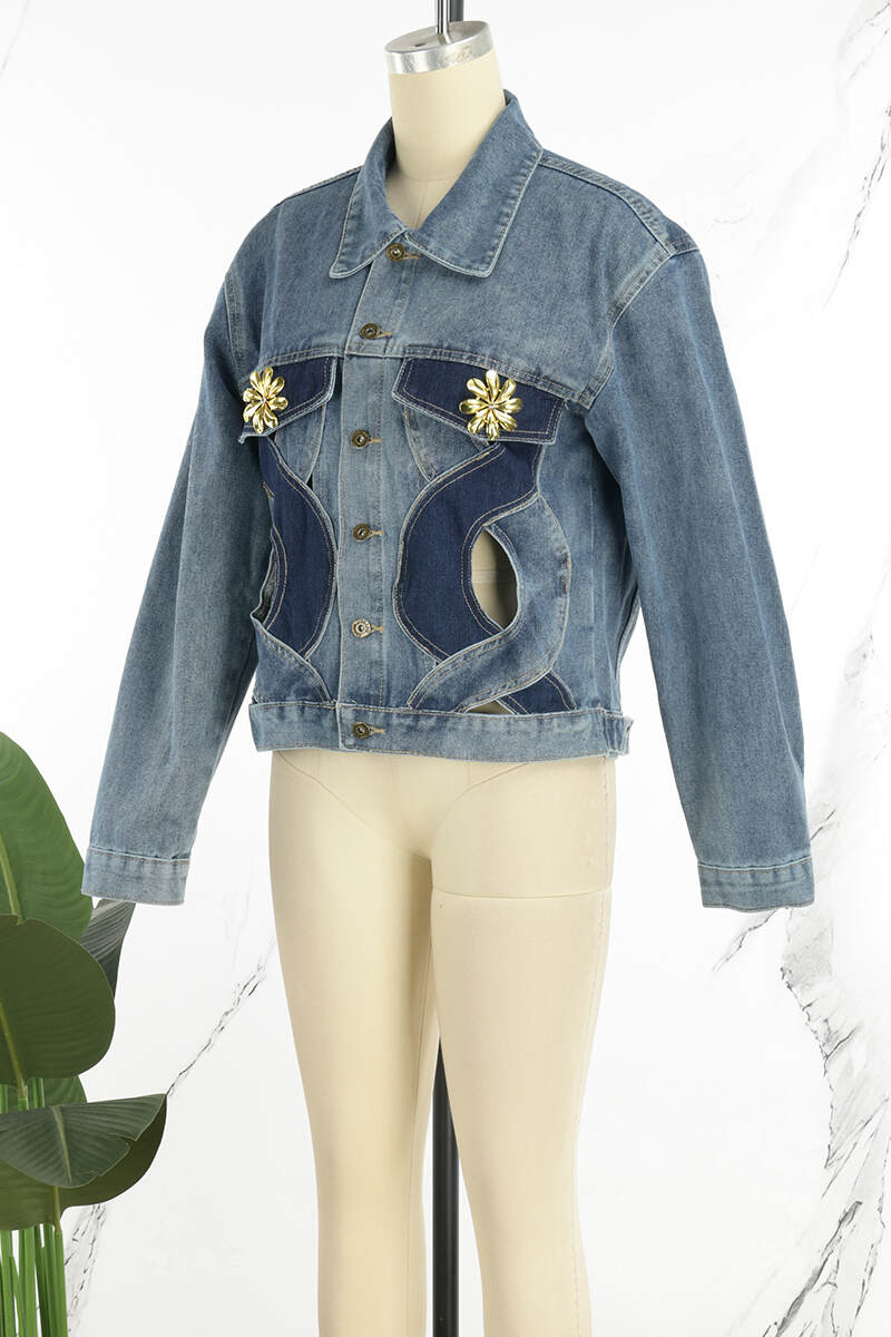 Blue Casual Patchwork Buttons Turndown Collar Long Sleeve Regular Denim Jacket (Subject To The Actual Object)