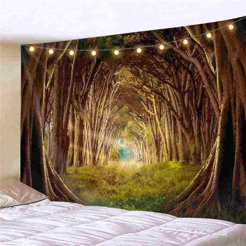 Landscape LED Lights Wall Tapestry Art Decor Forest Tree Print