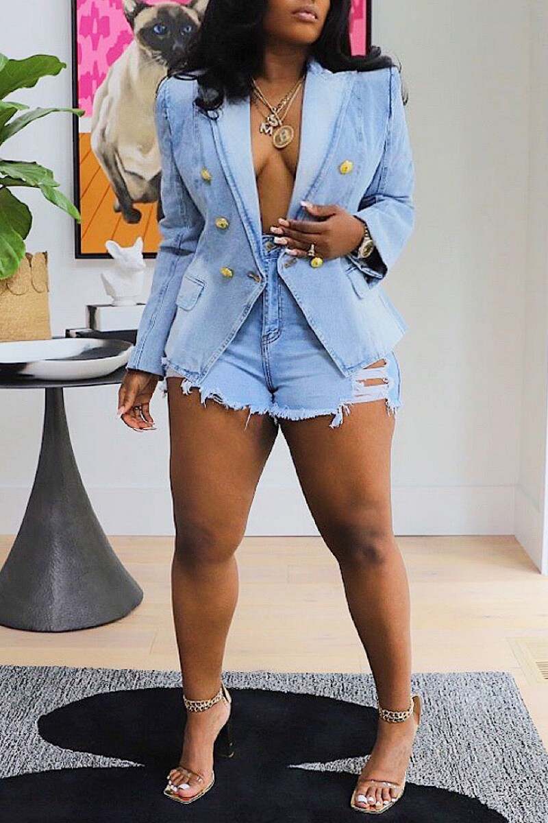 Light Blue Casual Solid Patchwork Turndown Collar Long Sleeve Regular Denim Jacket