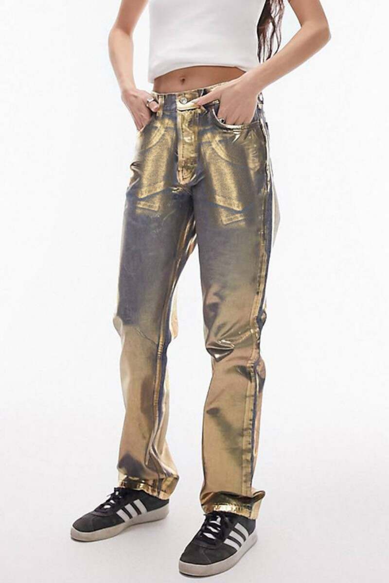 Silver Casual Bronzing Patchwork Mid Waist Straight Denim Jeans