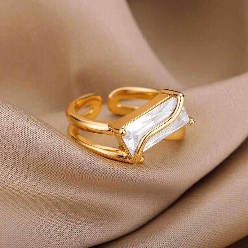 Rectangle Zircon Rings for Women Open Adjustable Stainless Steel Double Layers Finger Ring 2022 Trend Couple Wedding Jewelry BFF