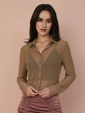 Women Blouses & Shirts | Mesh See Through Solid Long Sleeve Button Down Shirt - VV64037