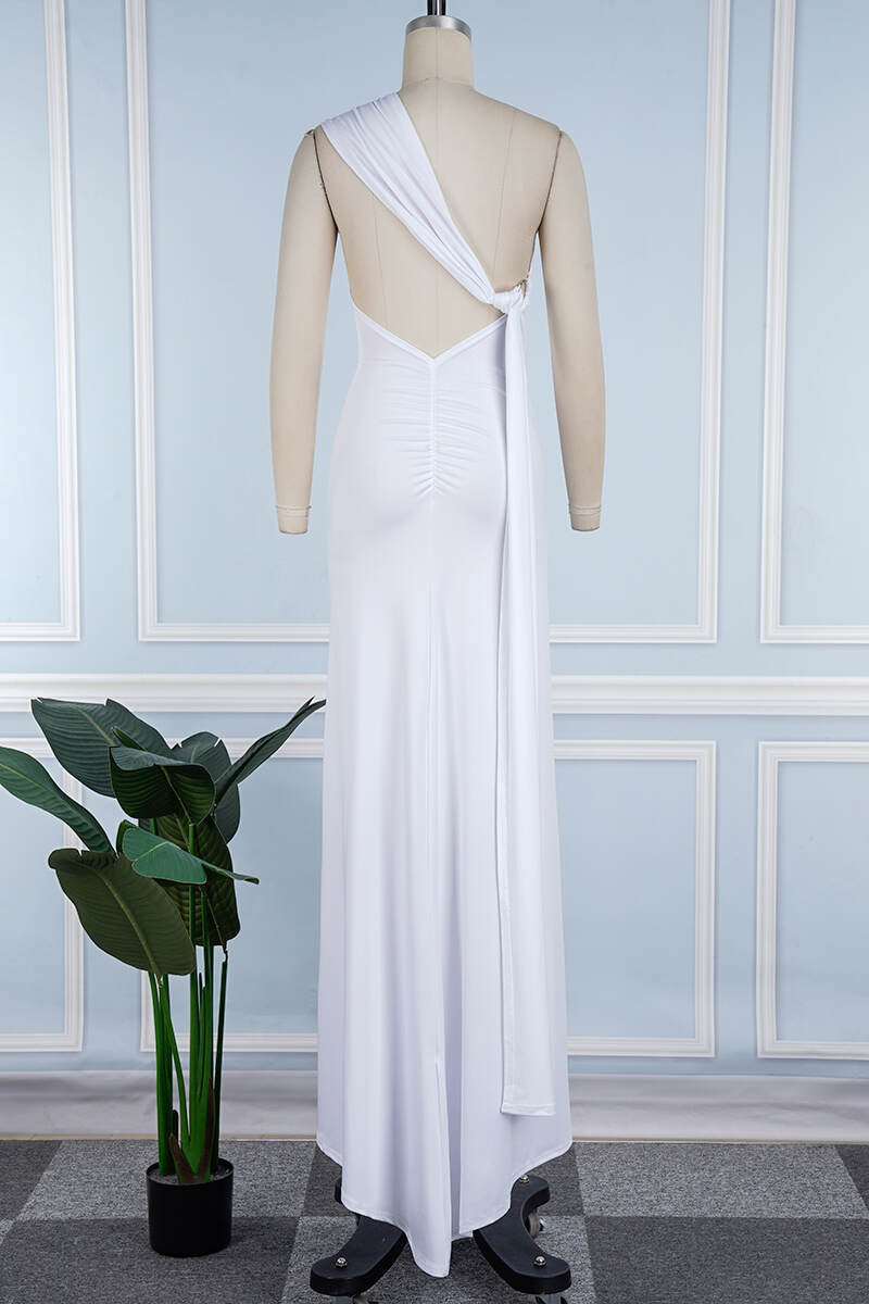 White Sexy Solid Backless Asymmetrical Oblique Collar Long Dress Dresses