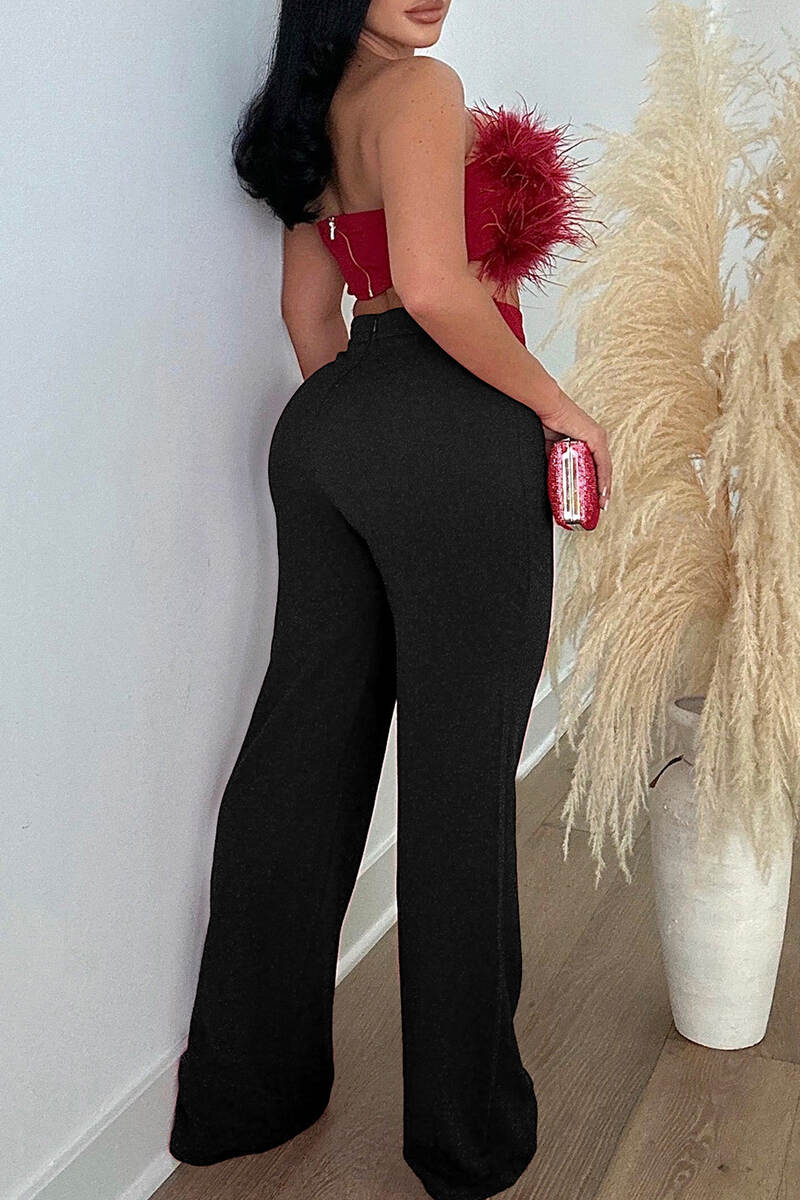 Red Casual Solid Basic Regular High Waist Conventional Solid Color Trousers