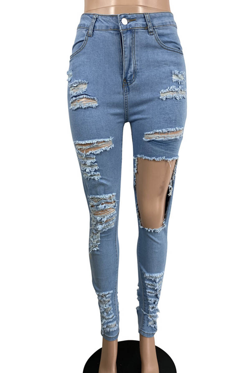 Light Blue Casual Solid Hollowed Out Patchwork Pocket Buttons Zipper Mid Waist Regular Denim Jeans