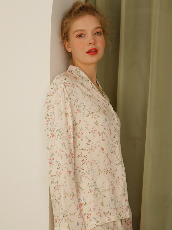 Simple Shawl Collar Stain Lace Long Sleeve Pajama Set