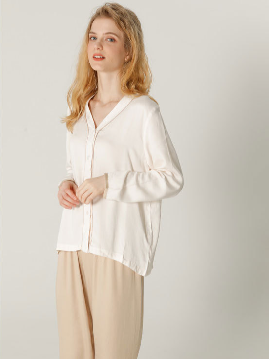 Satin Vacation Plain Loose Long Sleeve Pajama Set