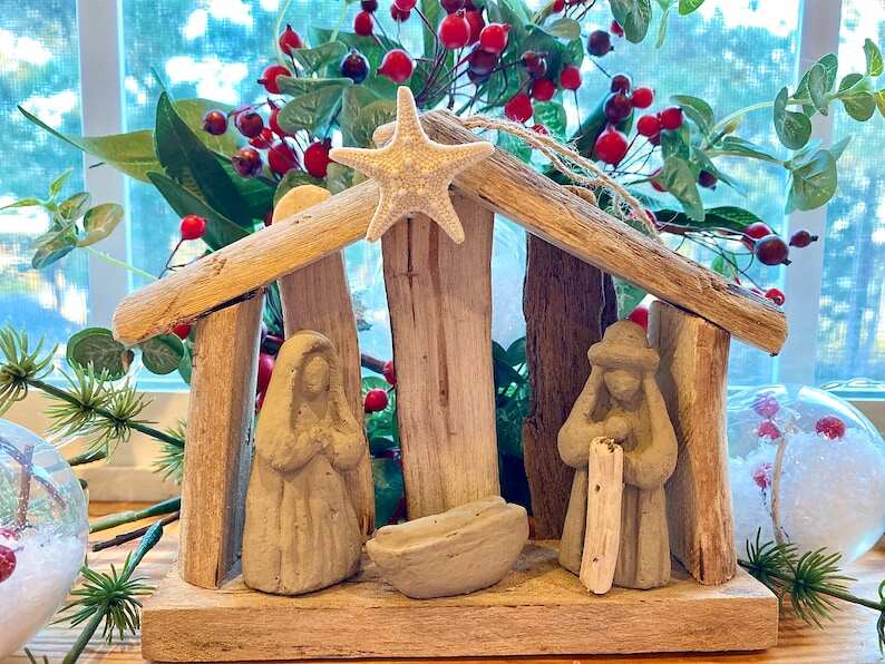 SALE Order by 12 15 Driftwood Nativity Manger Ornament Holy Family Christmas Church small group Beach lover SawdustSandandSpirit OBX