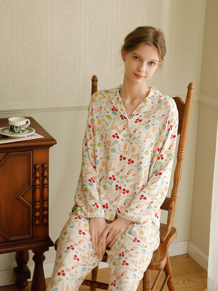 Floral Loose Shawl Collar Satin Vacation Long Sleeve Pajama Set