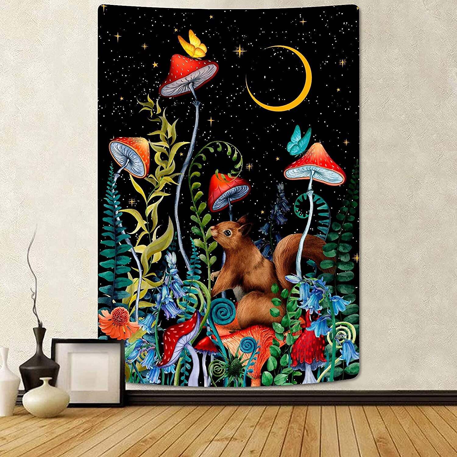 Mushroom Trippy Wall Tapestry Moon and Stars Flowers