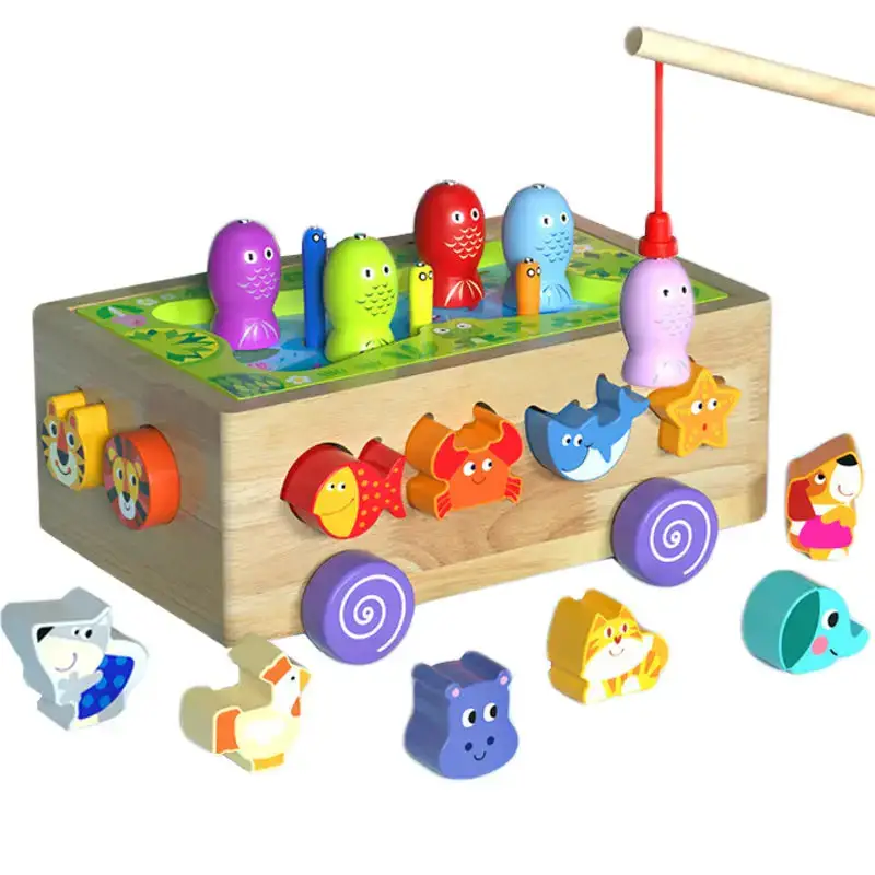 Montessori Toy Set Wooden Toys Baby Fishing Pull Along Car Shape Cognitive Puzzle Learing Toy Children Wooden Baby Toys